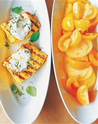 Grilled halibut with Indian spices and yellow tomatoes
