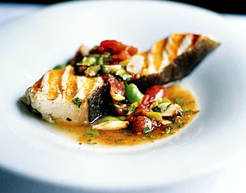 Grilled halibut with lima bean and roasted tomato sauce