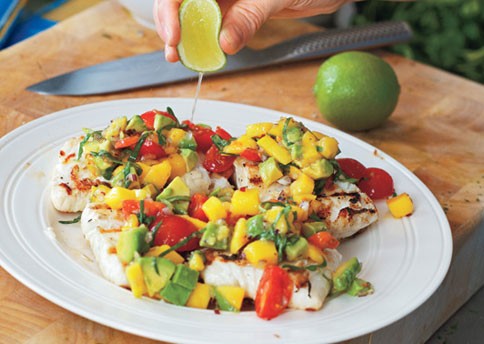 Grilled halibut with mango-avocado salsa