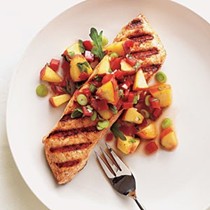 Grilled halibut with peach and pepper salsa