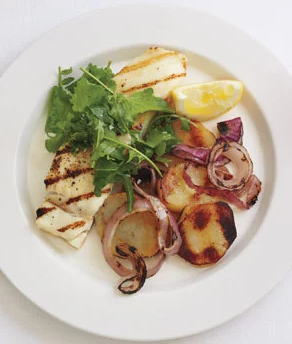 Grilled halibut with salt-and-vinegar potatoes