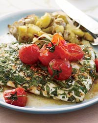Grilled halibut with smashed fingerlings and tomato butter