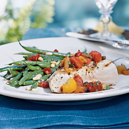 Grilled halibut with three-pepper relish
