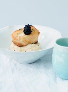 Grilled halibut with white miso, aji amarillo & lemon on potato mash 