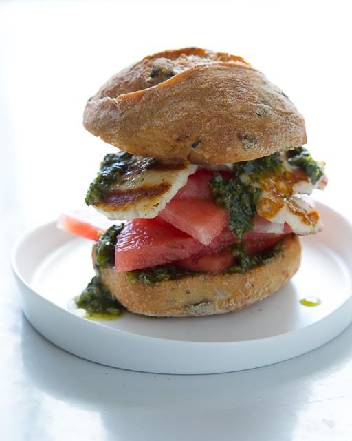 Grilled halloumi and watermelon sandwich with parsley and cilantro salsa