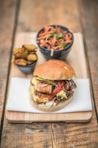 Grilled halloumi burger with chilli ketchup and tahini mayo