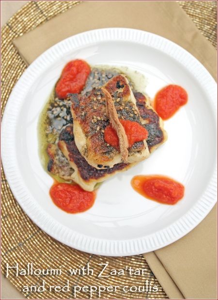 Grilled halloumi cheese with zaa'tar and roasted red pepper coulis