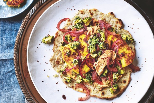 Grilled halloumi flatbreads with preserved lemon and barberry salsa