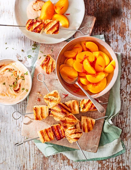 Grilled halloumi, pickled peach and chipotle-thyme yogurt kebabs