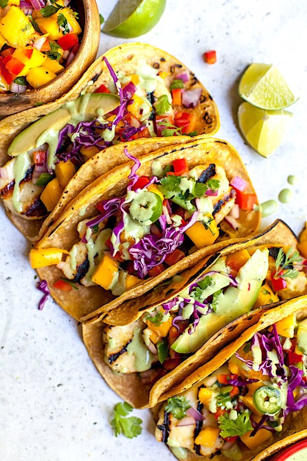 Grilled halloumi tacos with mango salsa