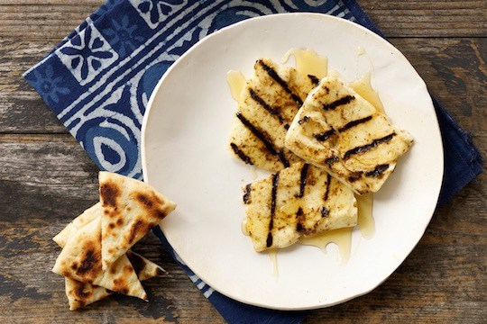 Grilled halloumi with shiitake mushroom marinade and truffle honey drizzle