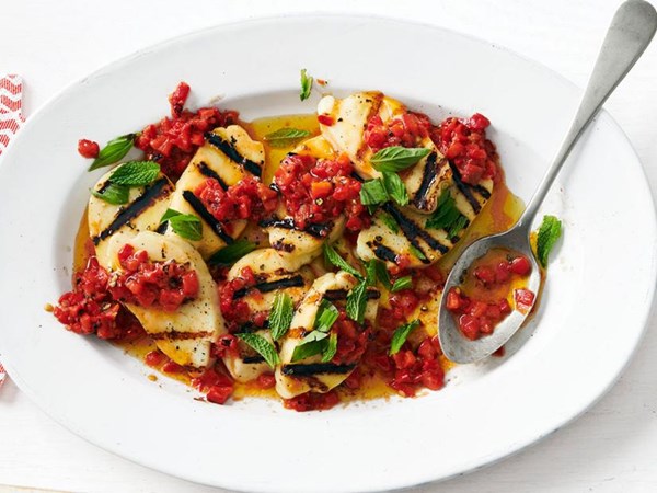Grilled halloumi with spicy-sweet peppers 