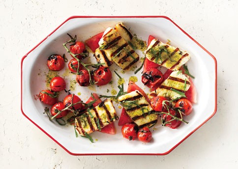 Grilled halloumi with watermelon and basil-mint oil