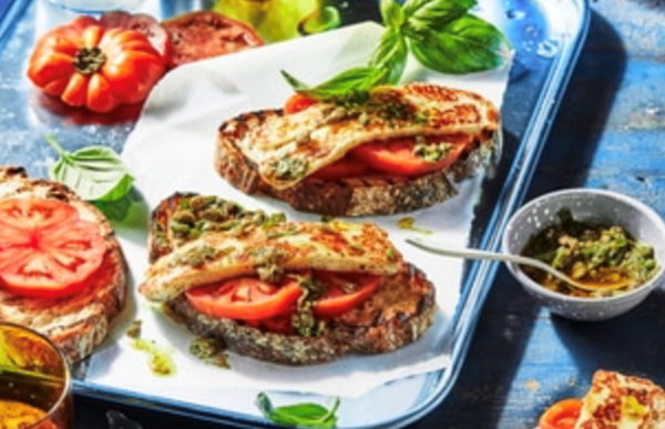Grilled haloumi and tomato bruschetta with za'atar caper salsa
