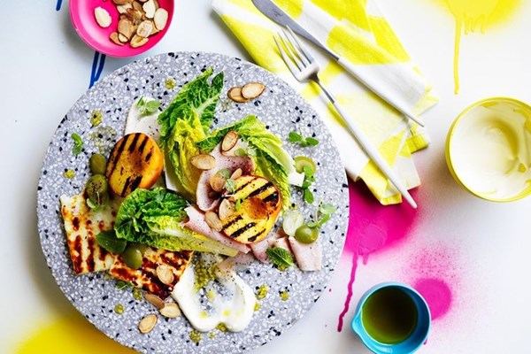 Grilled haloumi, peach, ham and mint salad