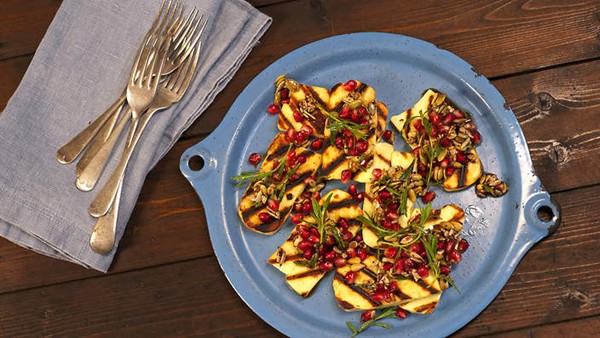 Grilled haloumi with pomegranate and sumac dressing