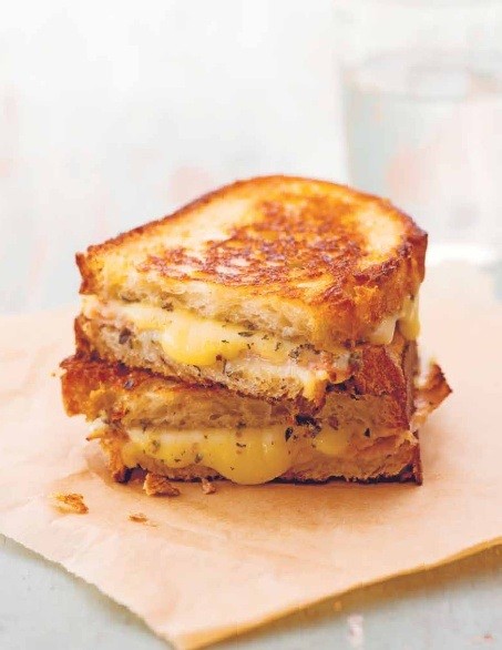 Grilled ham and cheese sandwiches with winter herb pistou