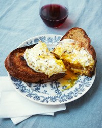 Grilled ham-and-pimento-cheese sandwiches with fonduta and fried eggs