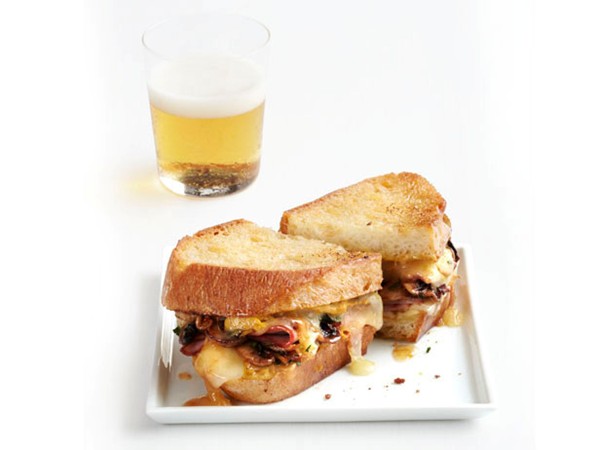 Grilled ham, cheese and mushroom sandwiches