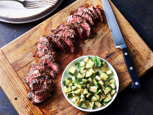 Grilled hanger steak with zucchini salsa