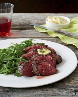 Grilled hanger steaks with jalapeño butter