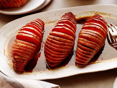 Grilled Hassleback sweet potatoes with molasses-nutmeg butter