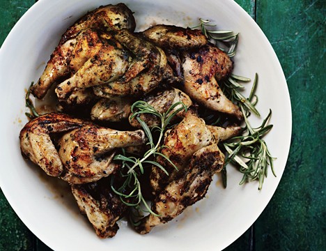 Grilled herbed poussins