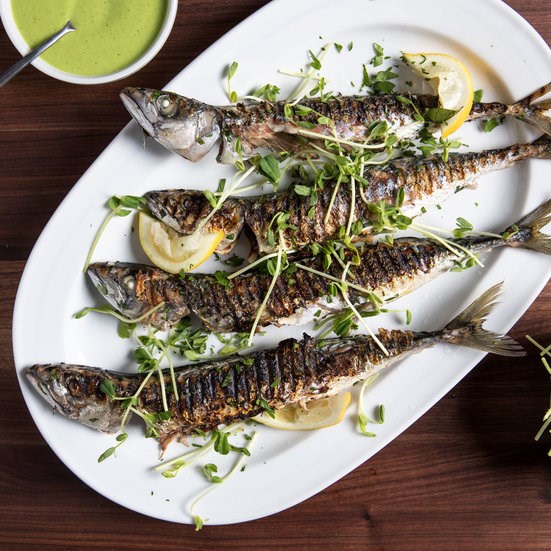 Grilled herring with peas, mint and Meyer lemon