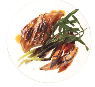 Grilled hoisin chicken and scallions with sweet potatoes