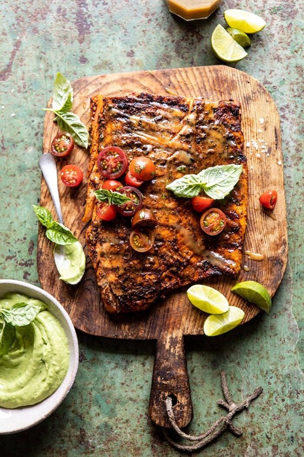 Grilled honey mustard salmon with avocado basil sauce