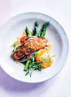 Grilled honey soy salmon with citrus soba noodles