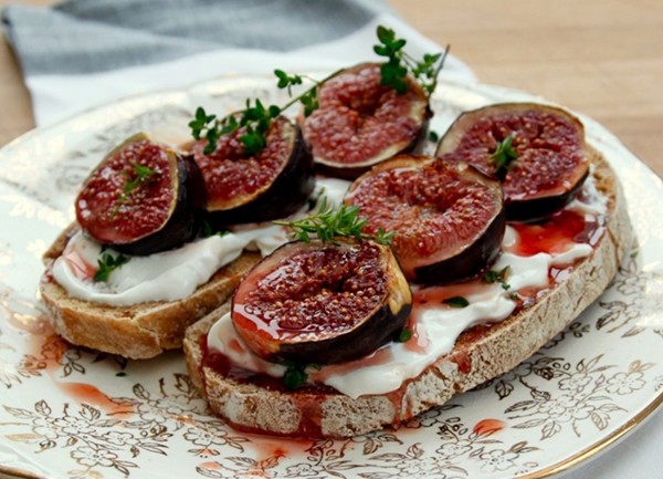 Grilled honeyed figs on sourdough toast with goat’s milk labneh and lemon thyme