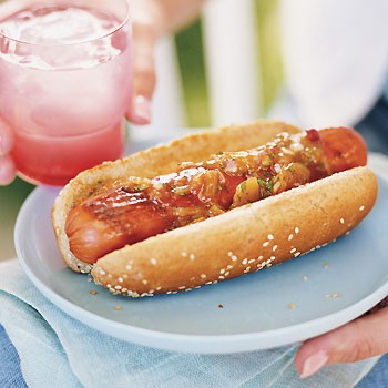 Grilled hot dogs with mango chutney and red onion relish