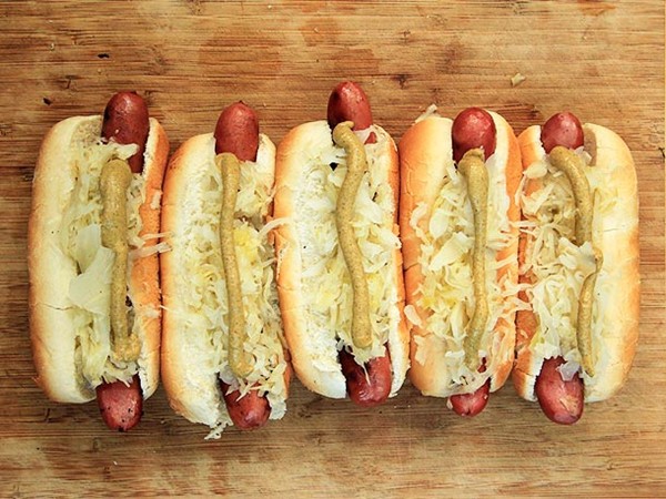 Grilled hot dogs with sauerkraut
