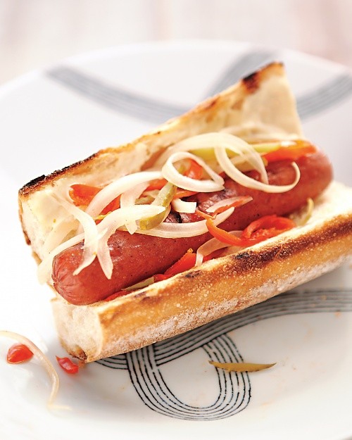 Grilled hot dogs with sweet-hot relish