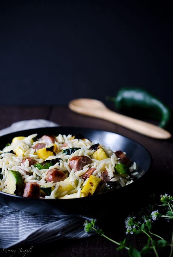 Grilled Italian sausage and vegetable orzo salad