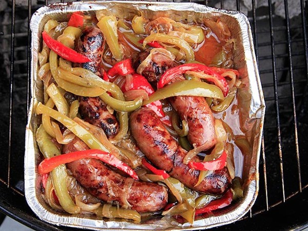 Grilled Italian sausage with sweet and sour peppers and onions