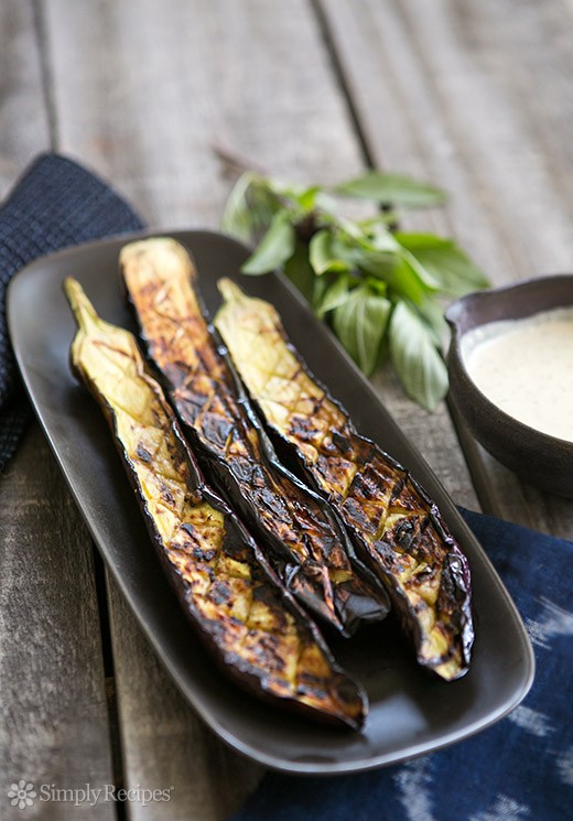 Grilled Japanese eggplant with tahini sauce