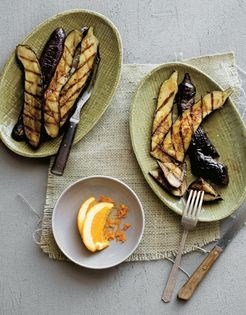 Grilled Japanese eggplants with orange zest and sake glaze