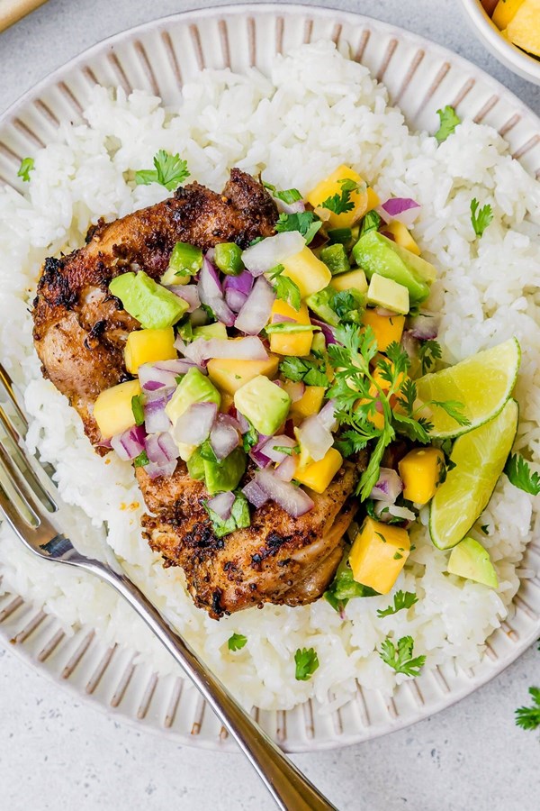 Grilled jerk chicken with mango avocado salsa