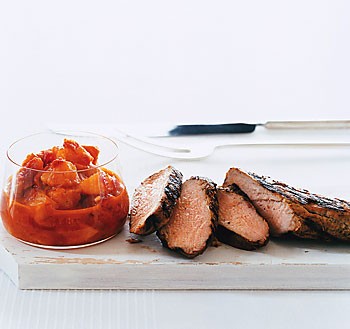 Grilled jerk pork with curried peach relish