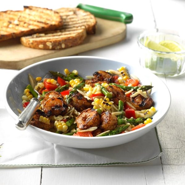 Grilled jerk shrimp orzo salad