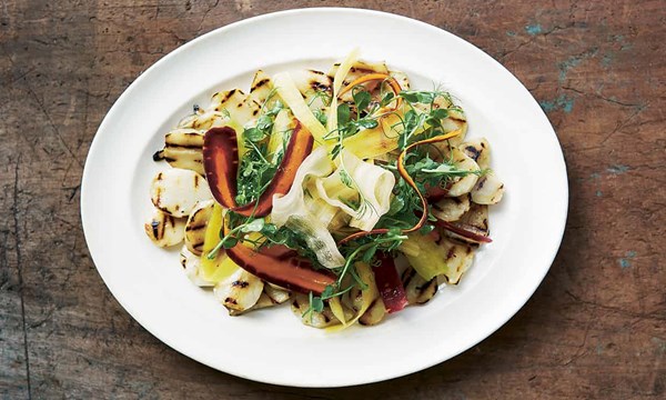 Grilled Jerusalem artichokes with heritage carrots