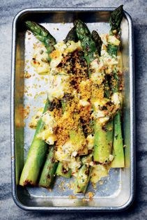 Grilled jumbo asparagus with gribiche & bottarga