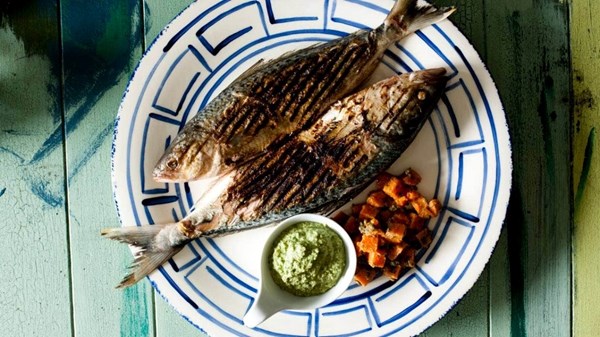 Grilled kahawai with green coconut cream and kumara vinaigrette