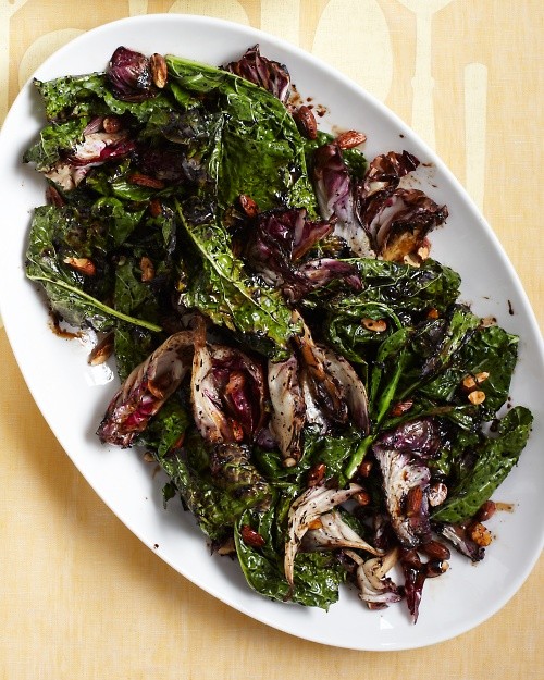 Grilled kale and radicchio with almonds and balsamic-orange glaze