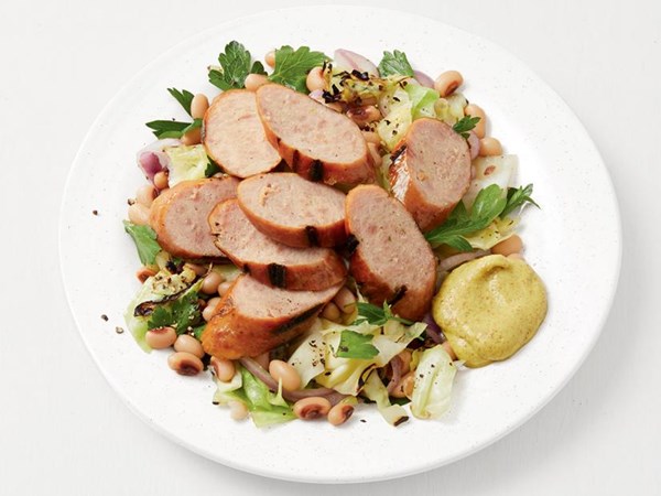 Grilled kielbasa with cabbage and bean slaw