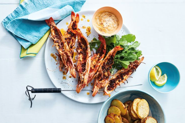 Grilled king prawns with chorizo and Aleppo pepper butter