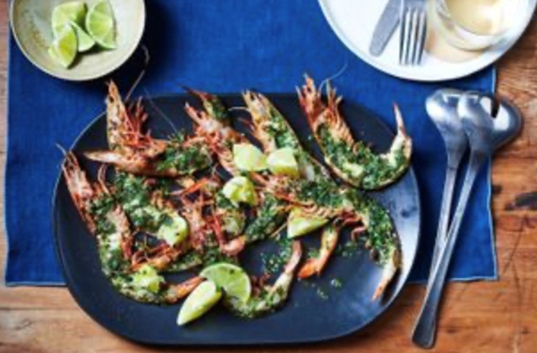 Grilled king prawns with rosemary and lime butter
