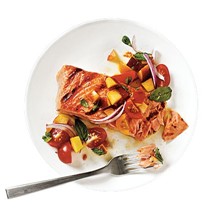 Grilled king salmon with tomato-peach salsa
